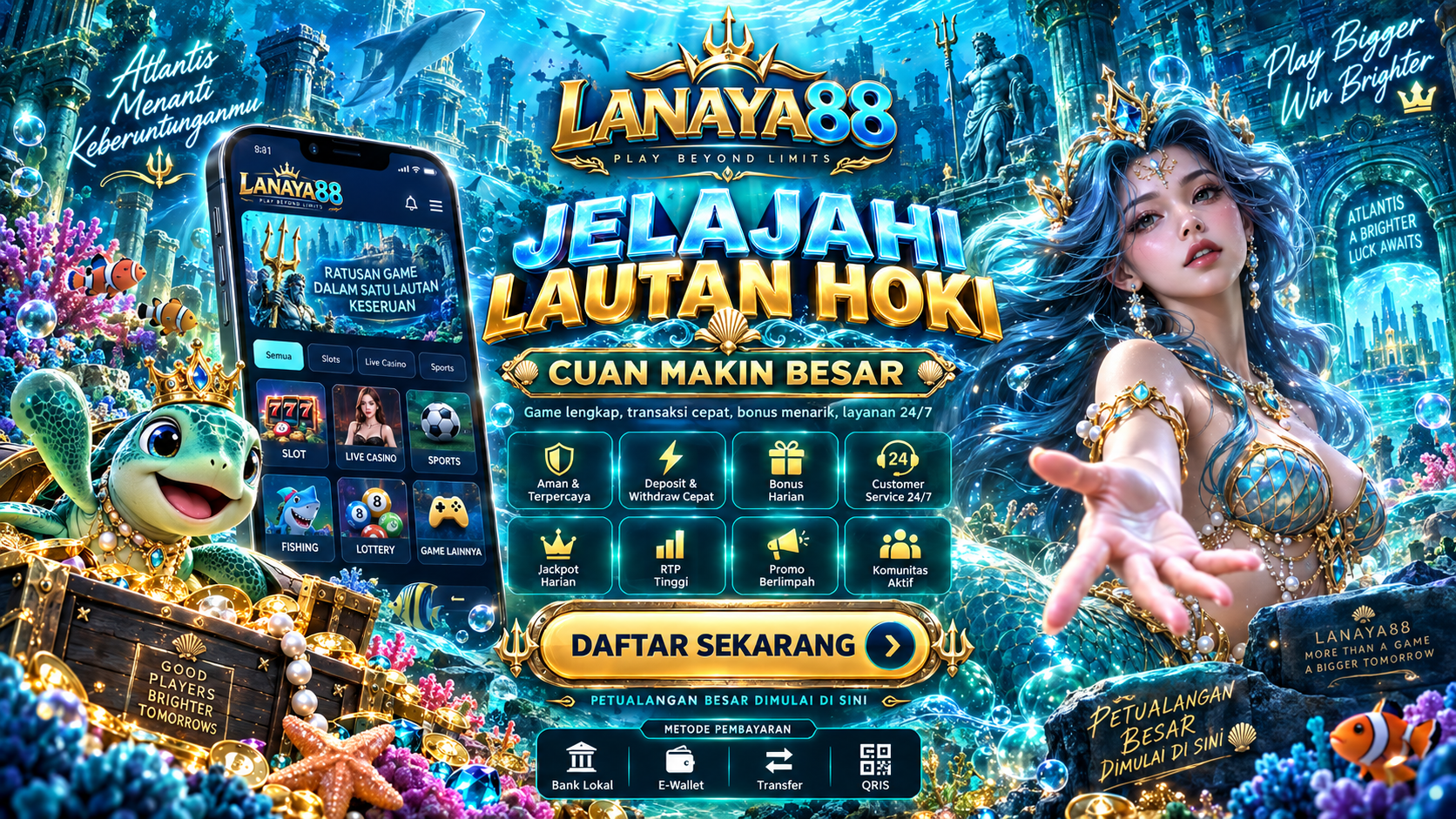 Banner LANAYA88 — ilustrasi layanan dan kategori permainan
